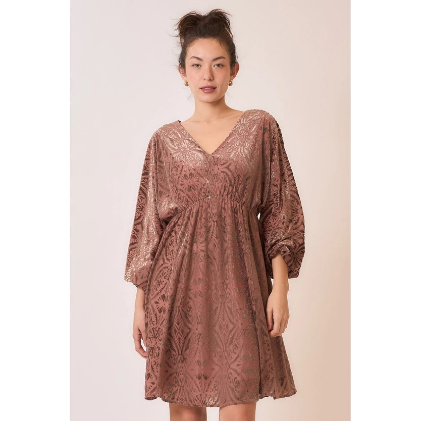 Dutchess Damask Pattern Burnout Velvet Long Sleeve Mini Dress