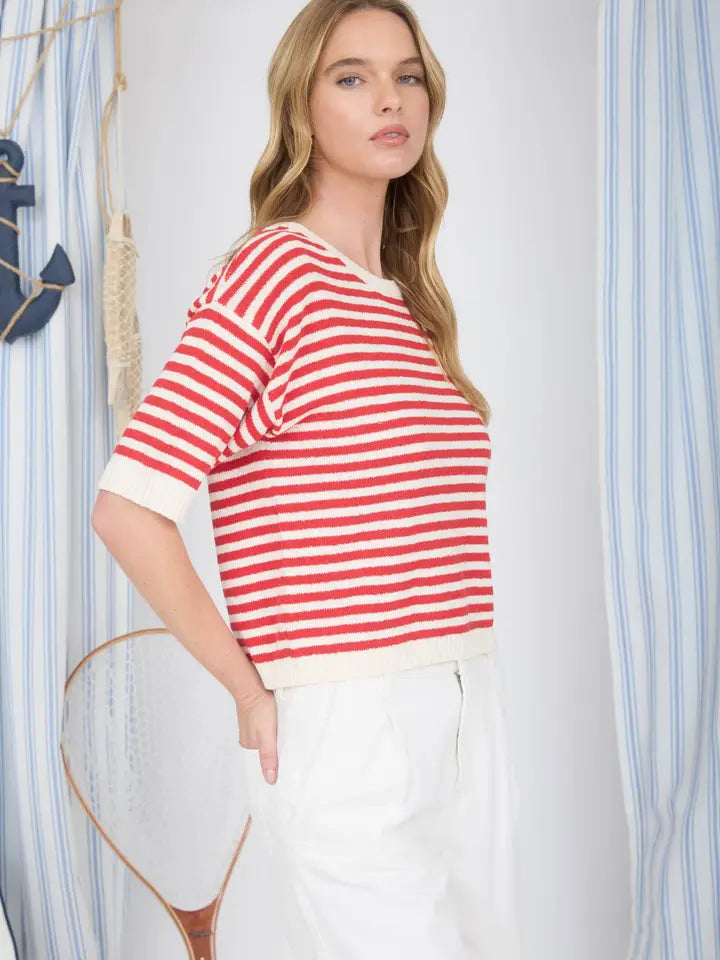 Stripe a Pose Contrast Trim Short Sleeve Striped Knit Sweater