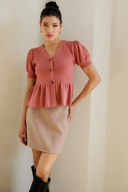 Aria V-Neck Button Front Peplum Sweater Knit Top
