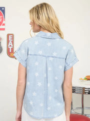 Lucky Stars Print Washed Denim Collared Shirt