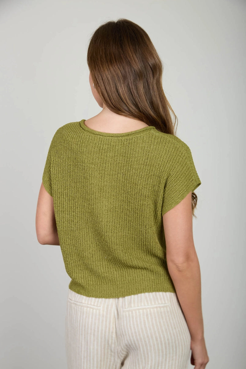 Alana Split Neck Cap Sleeve Ribbon Knit Pullover