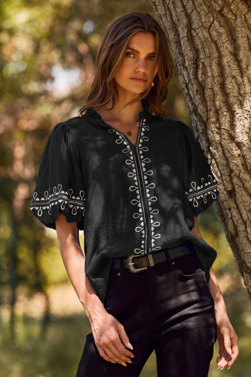 Deidra Embroidered Detail Bubble Sleeve Blouse