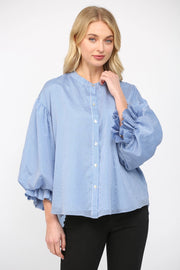 Elladine Pinstripe Puff Sleeve Button Down Shirt Blous