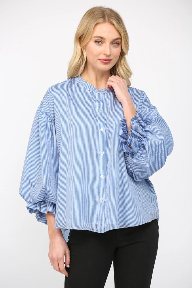 Elladine Pinstripe Puff Sleeve Button Down Shirt Blous