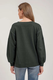 Truvy Split Neck Exposed Seam Long Sleeve Sweater Knit Top