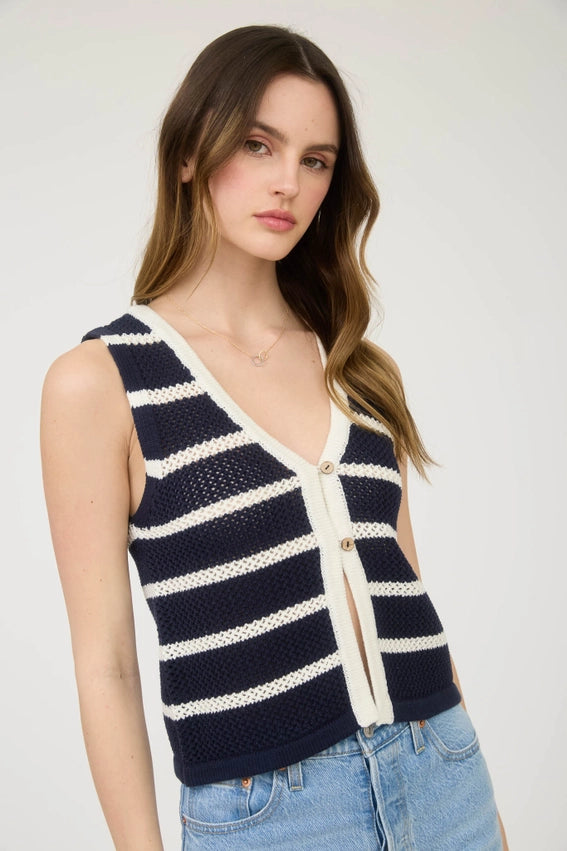 Marina Stripe Button Front Crochet Knit Vest