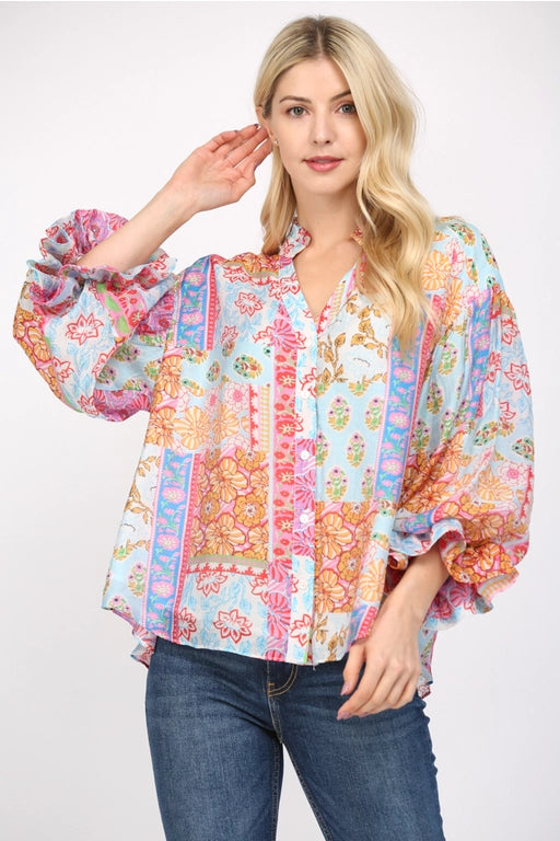 Aidyn Puff Sleeve Button Down Chiffon Blouse