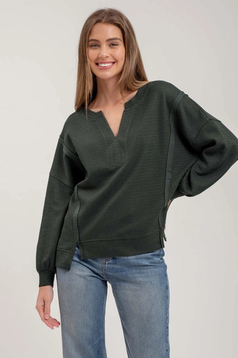 Truvy Split Neck Exposed Seam Long Sleeve Sweater Knit Top