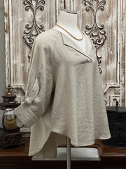 Beckett Lapel V-Neck Oversized Blouse with 3/4 Modern Bishop Sleeve