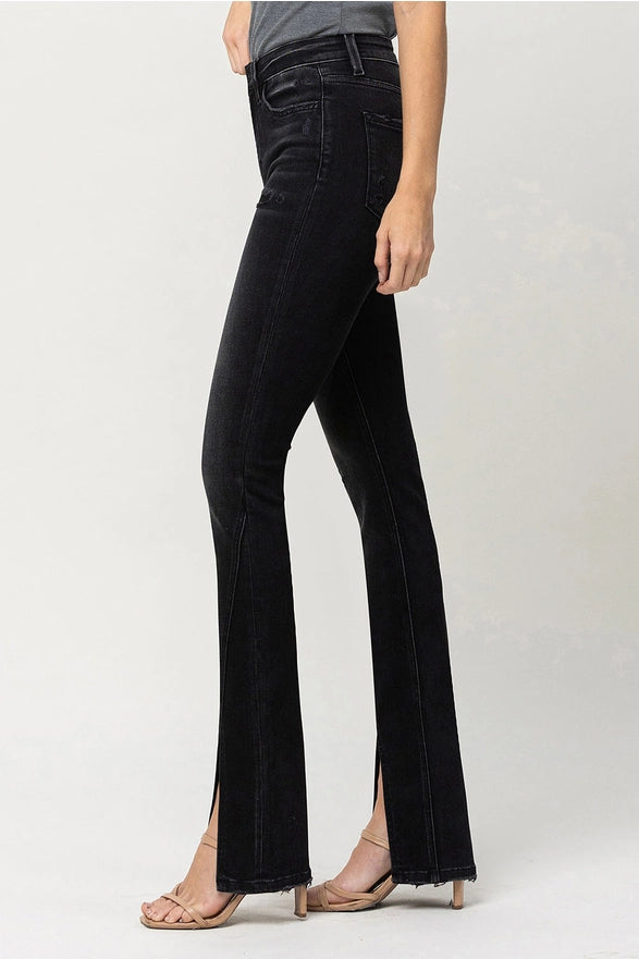 Reville High Rise Slanted Slit Slim Bootcut Black Jeans