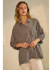 Dasha Striped Button Down 3/4 Sleeve Oversized Shirt