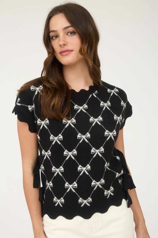 Lil Bo Peep Bow Pattern Cap Sleeve Sweater with Side Ties