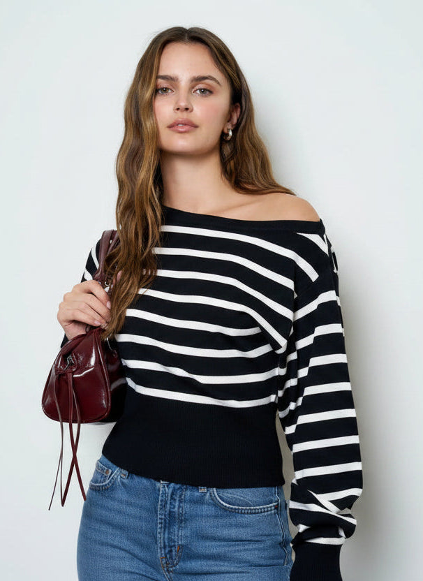 Lindley Boat Neck Fitted Waist Striped Sweater