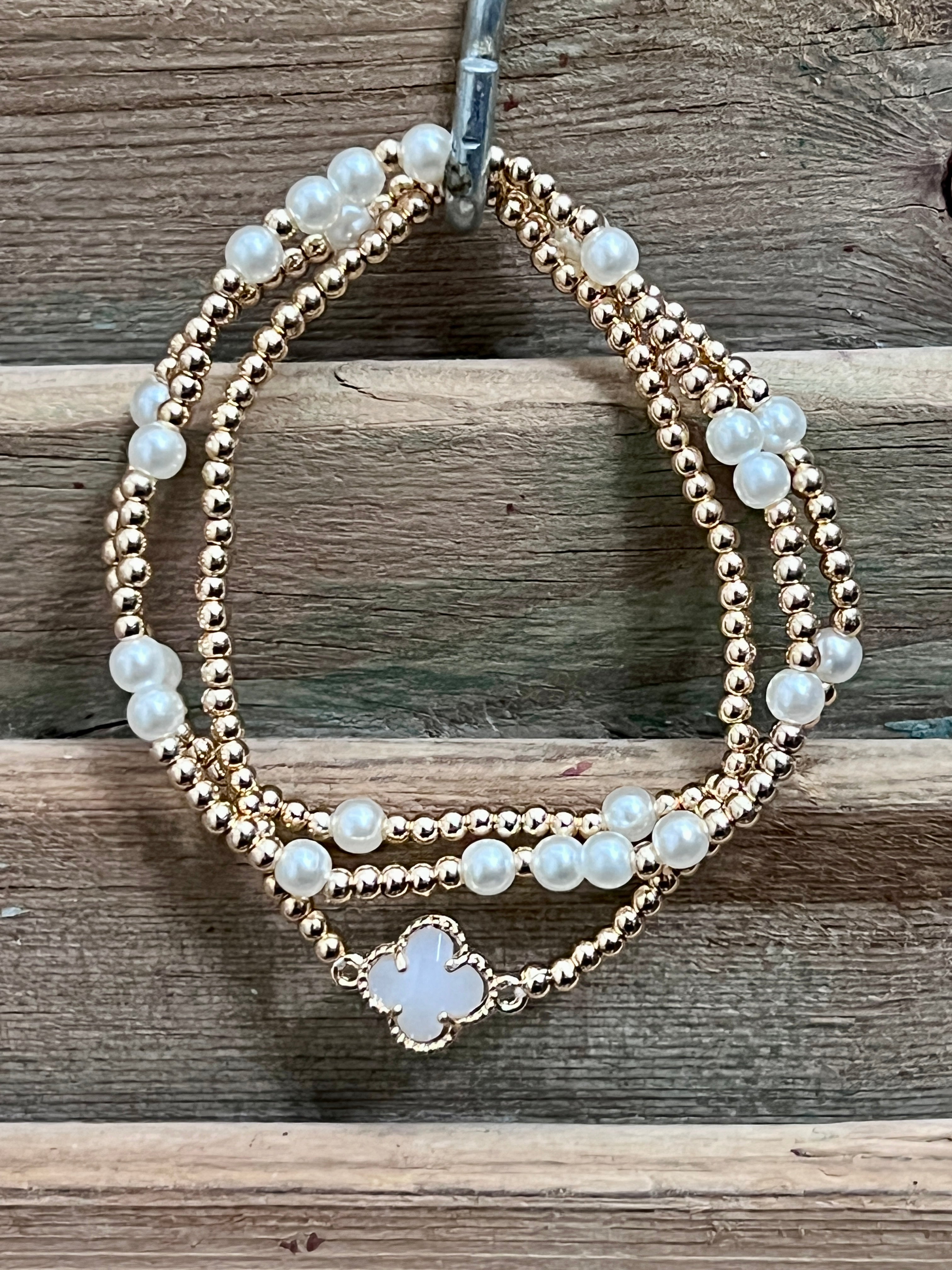 Gold & Pearls Clover Accent Stretch Bracelet Set of 3