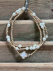 Gold & Pearls Clover Accent Stretch Bracelet Set of 3