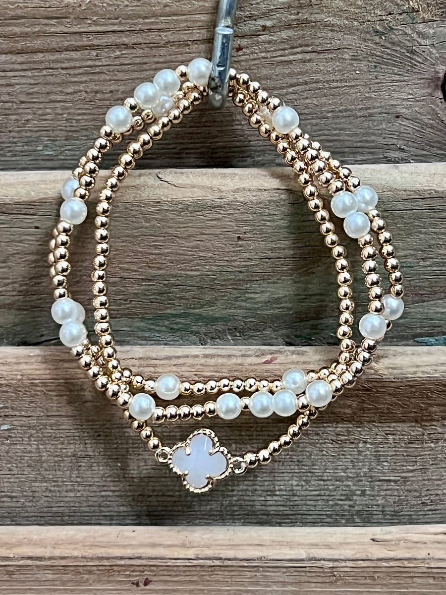 Gold & Pearls Clover Accent Stretch Bracelet Set of 3