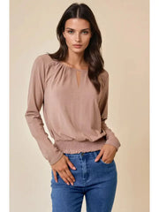 Carole Smocked Waist Long Sleeve Knit Blouse