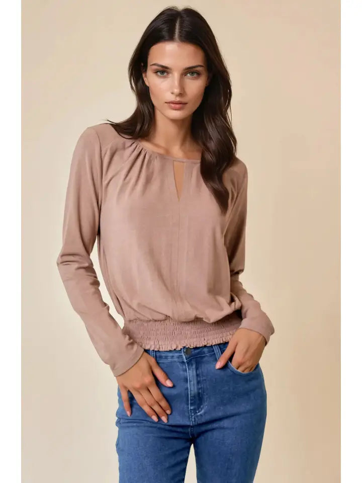 Carole Smocked Waist Long Sleeve Knit Blouse