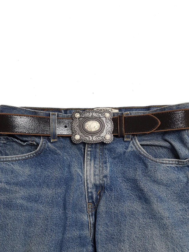 Western Stone Buckle with Vintage Leather Belt