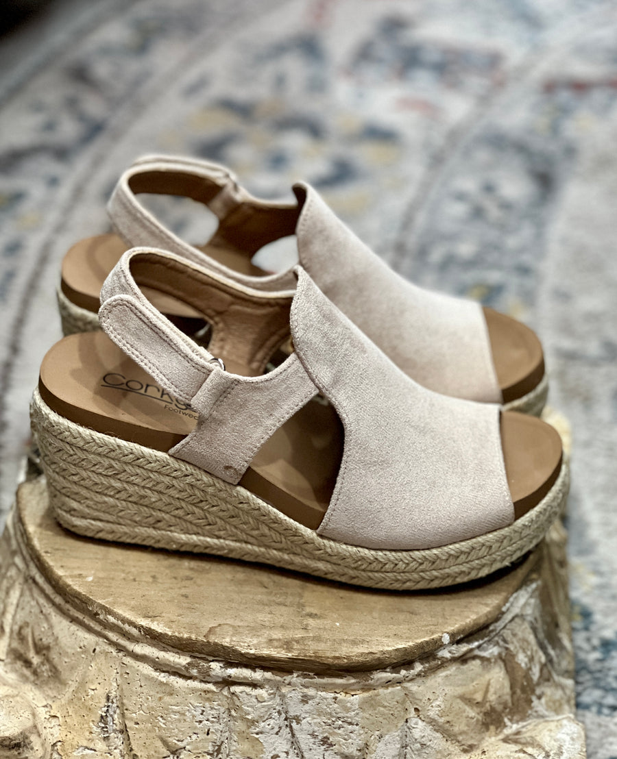 Corkys Pose Sand Faux Suede Espadrille Wedge Sandal Shoes