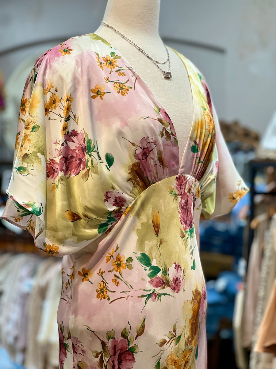 Josie Floral Print Satin Deep V-Neck Empire Waist Midi Dress