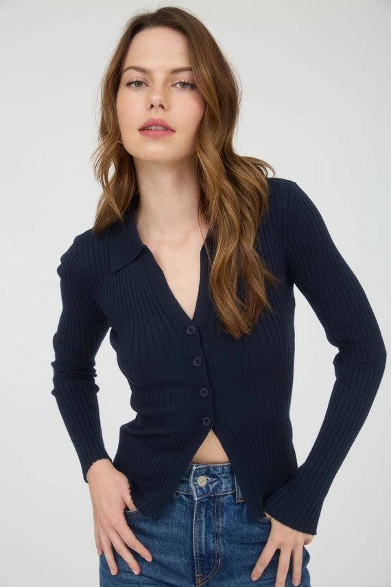 ViVi Collared V-Neckline Button Front Split Hem Sweater Knit Top