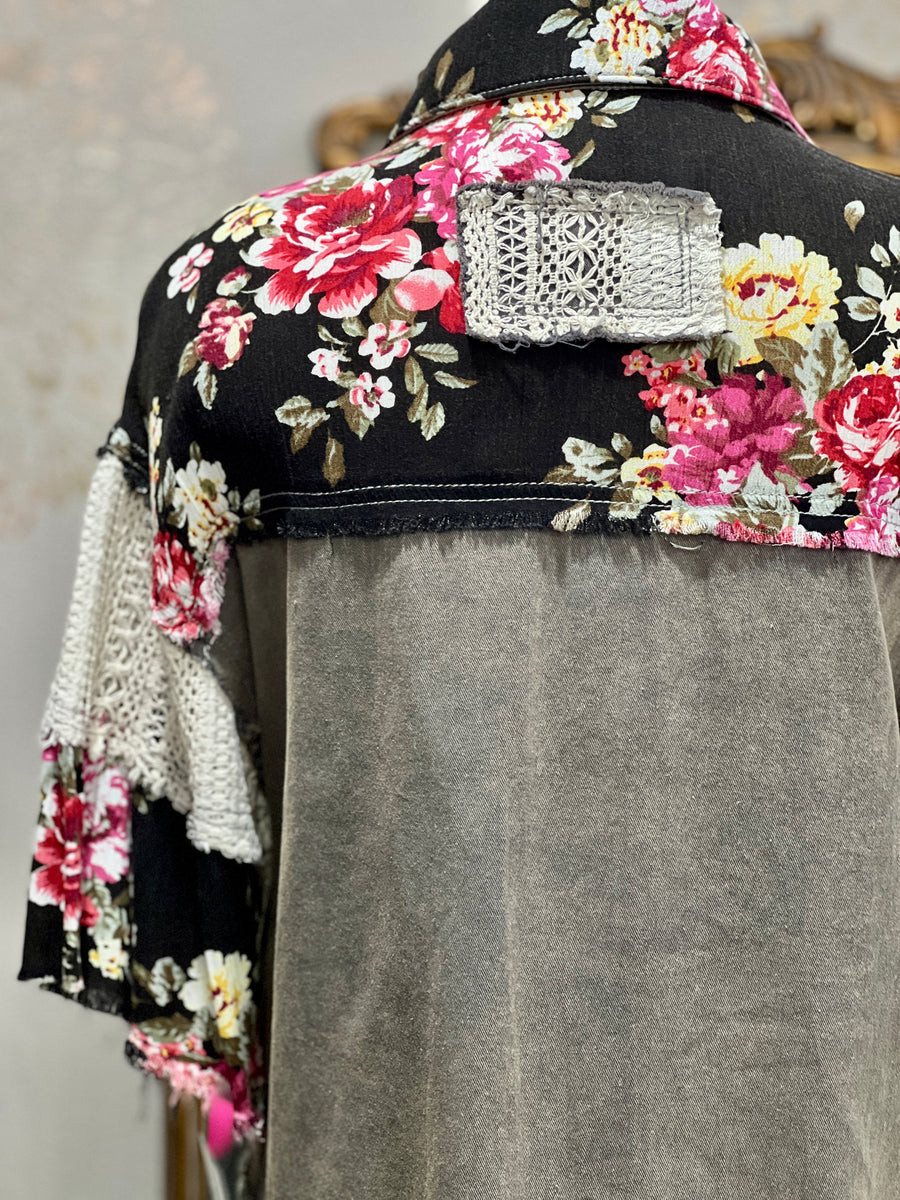 Shirley Oversized Half Sleeve Charcoal Roses Button Down Top/Jacket