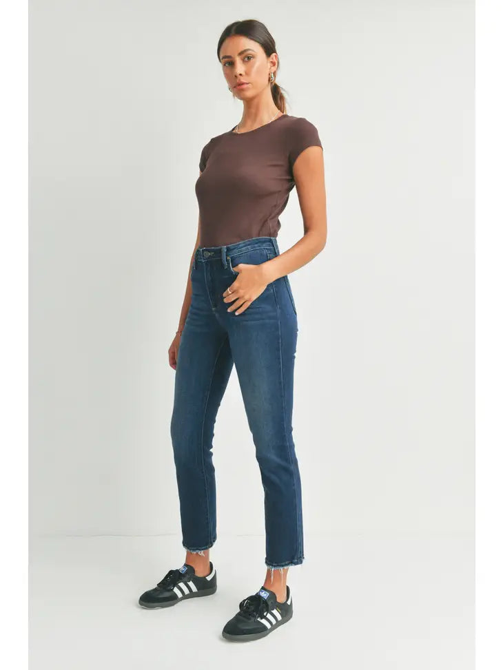 High Rise Classic Straight Denim Crop Jean with Distressed Hem