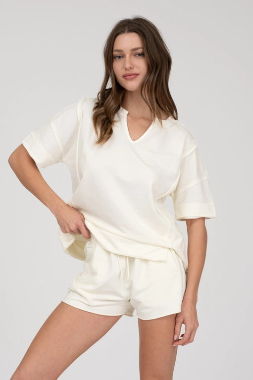 Elyse Mineral Washed Split Neck Short Sleeve Top