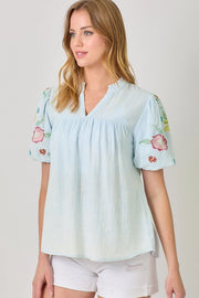 Maya Embroidered Puff Sleeve Washed Cotton Gauze Top