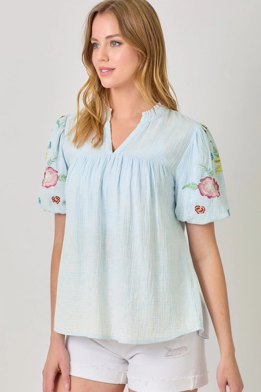 Maya Embroidered Puff Sleeve Washed Cotton Gauze Top