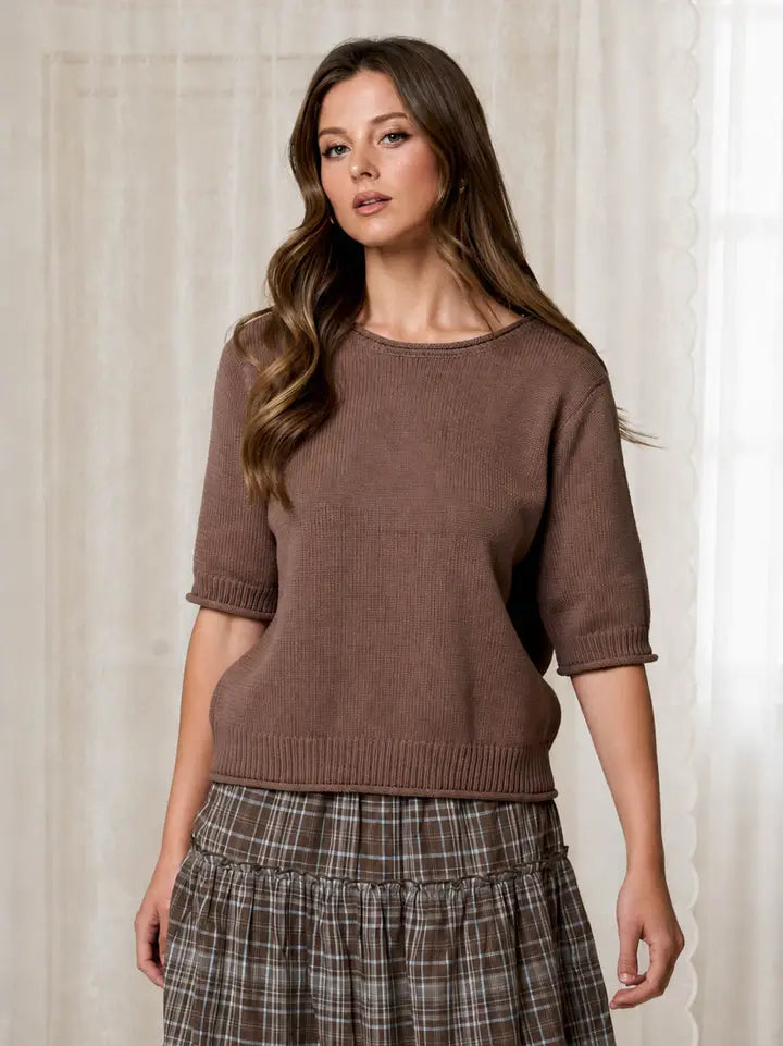 Cole Raw Edge Half Sleeve Sweater Knit Top