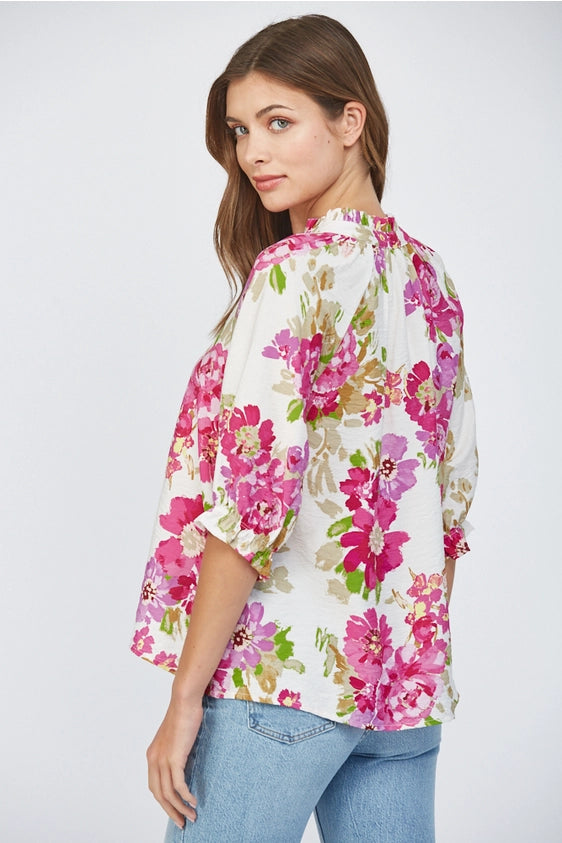 Painted Gardens Floral Print Button Placket Blouse Top