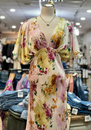 Josie Floral Print Satin Deep V-Neck Empire Waist Midi Dress