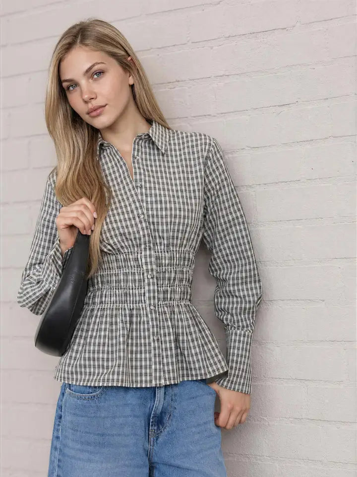 Camilla Plaid Collared Long Sleeve Shirred Waist Peplum Top