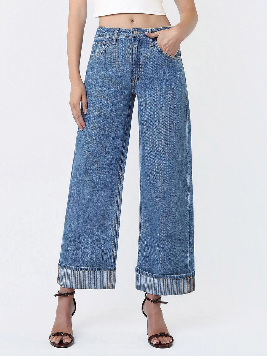 Behind Bars High Rise Jacquard Stripe Wide Cuff Ankle Crop Jeans