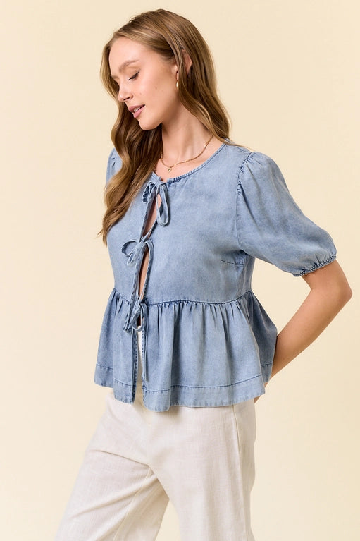 Mirella Chambray Puff Sleeve Bow-Tie Front Peplum Top