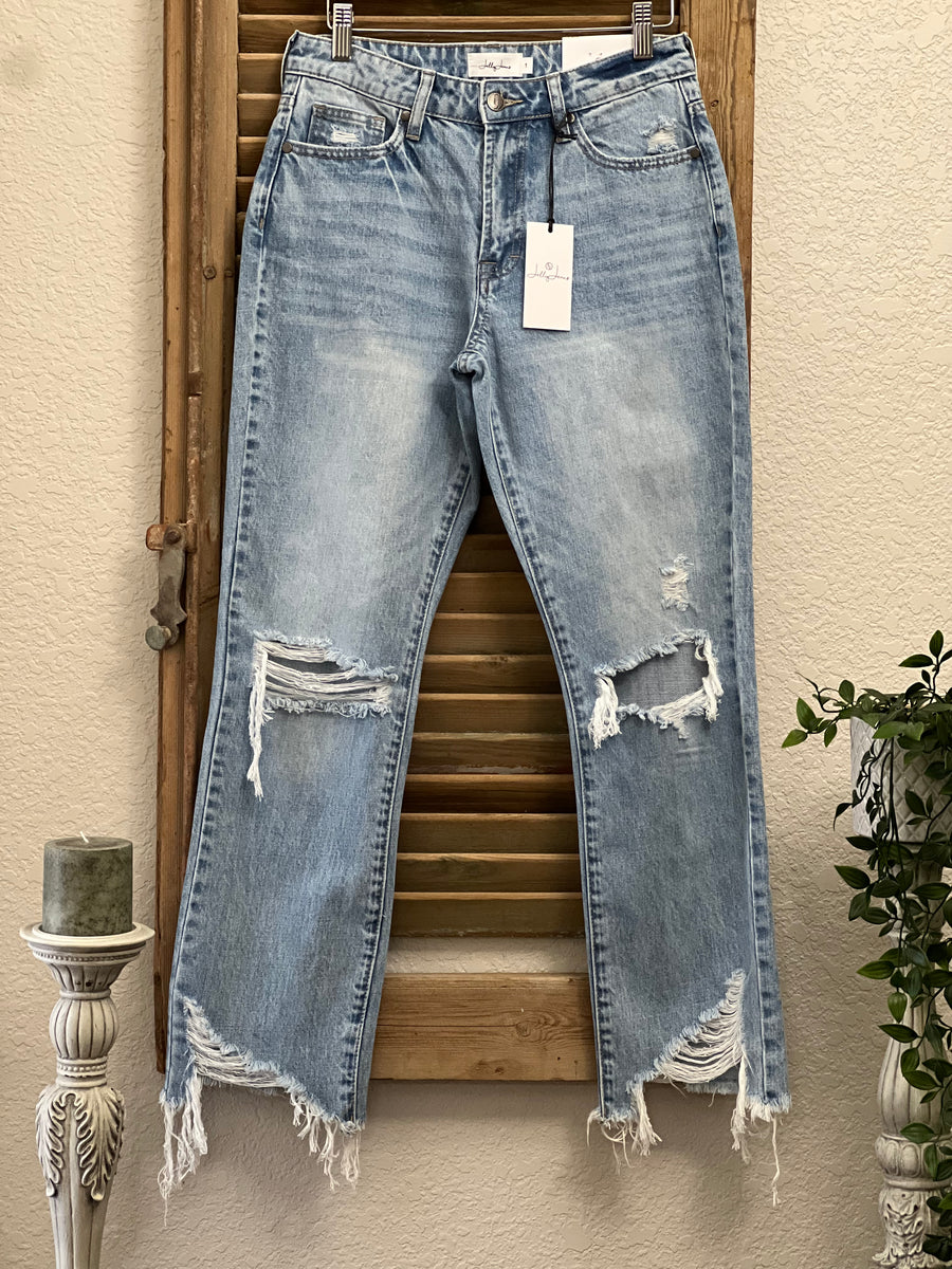 Jelly Jeans Axle High Rise Straight Fit Sharkbite Crop Denim Jean - Heavily Distressed