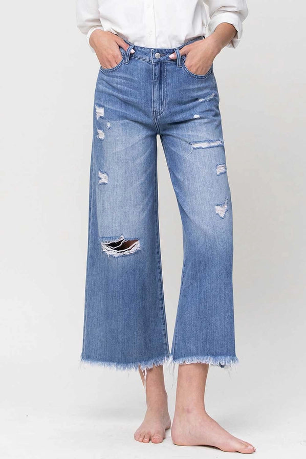 Beautiful CrAzY Super High Rise Wide Leg Crop Denim Jeans with Frayed Hem