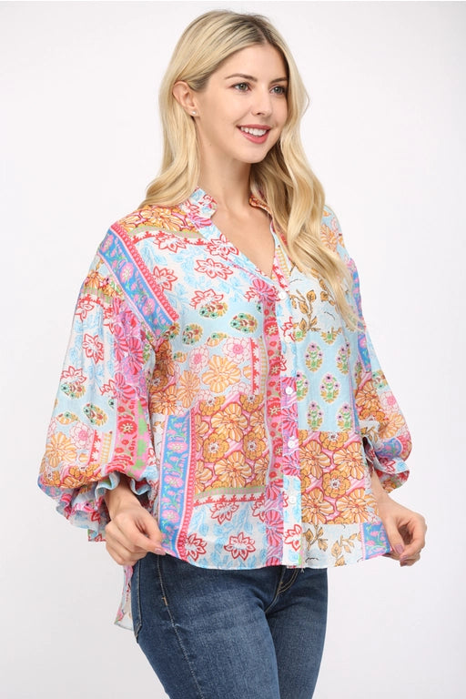 Aidyn Puff Sleeve Button Down Chiffon Blouse