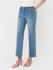 Unleaded Mid Rise Patch Pocket Cropped Slim Wide Leg Jeans