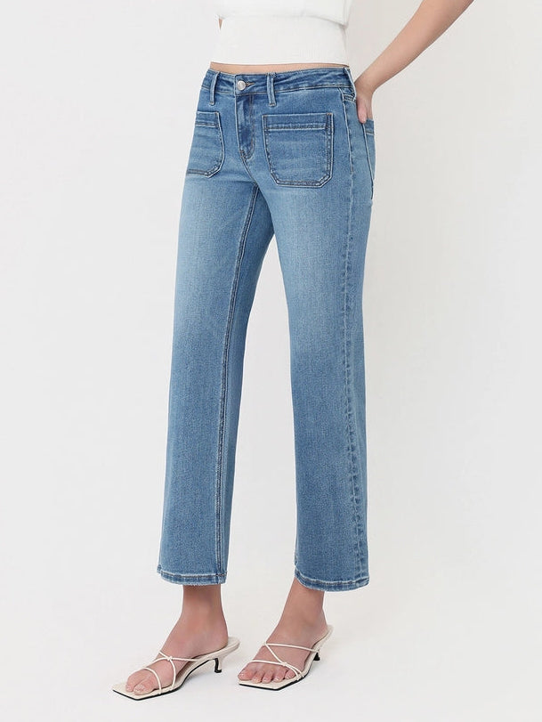 Unleaded Mid Rise Patch Pocket Cropped Slim Wide Leg Jeans