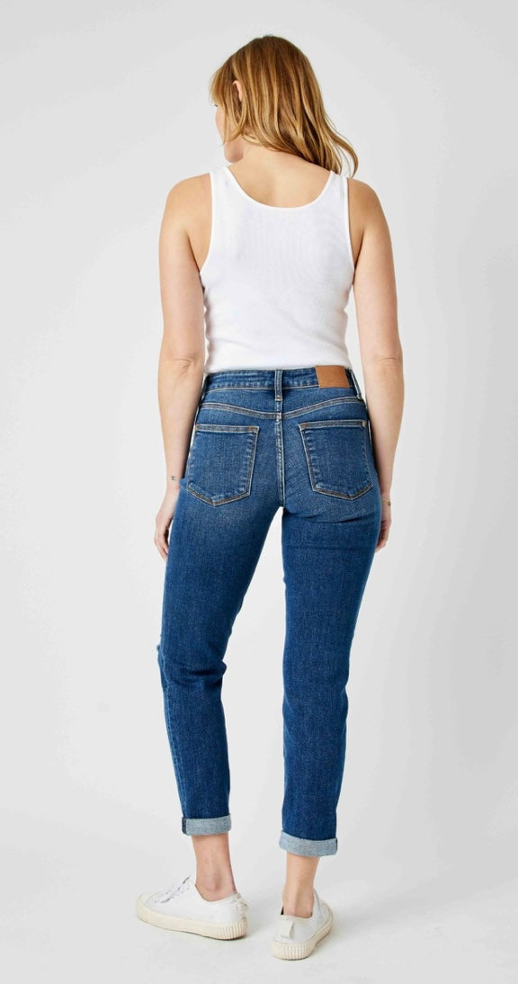 Foolin' Mid Rise Slim Fit Rolled Cuff Ankle Crop Jeans With Destroyed Knees