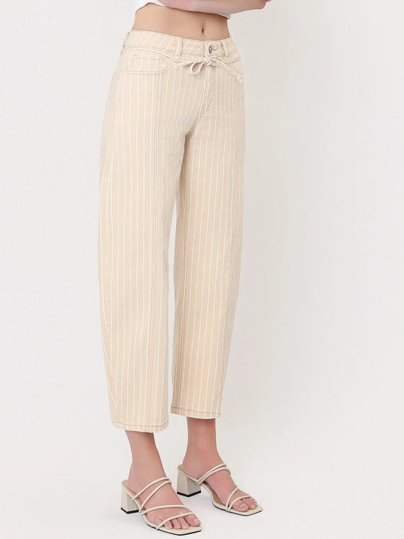 Stryker High Rise Seamed Stripe Cropped Barrel Jeans with Tie Waist