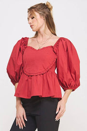 HEART SHAPED BUST 1/2 PUFF SLEEVE PEPLUM TOP: TOMATO RED / M