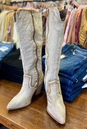 Hey Girl by Corkys "Talk Is Cheap" Washed Beige Denim Tall Boots