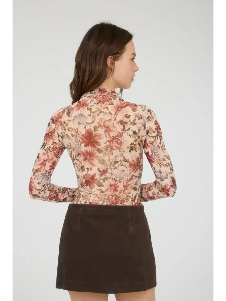 Delta II Floral Semi-Sheer Long Sleeve Mesh Top