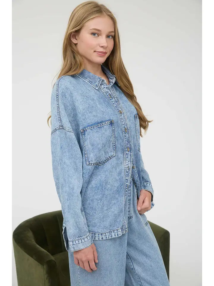 Merrick Washed Denim Button Down Shirt Jacket