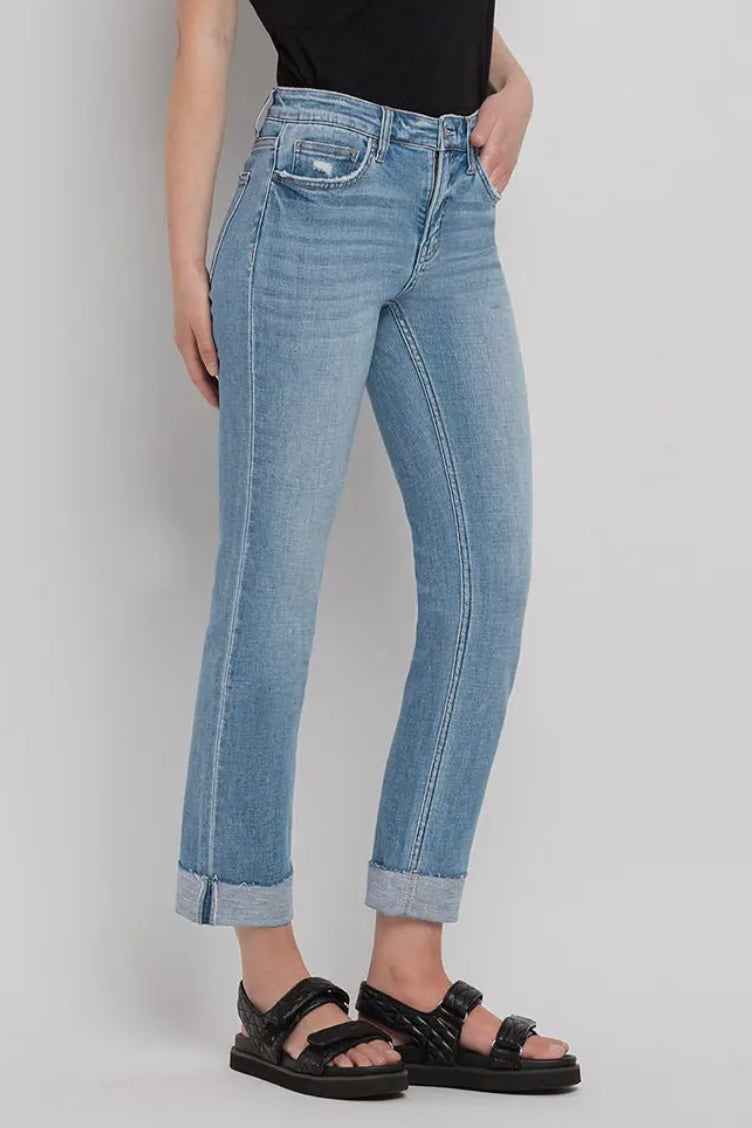 Janet Mid Rise Single Cuffed Crop Slim Straight Jeans