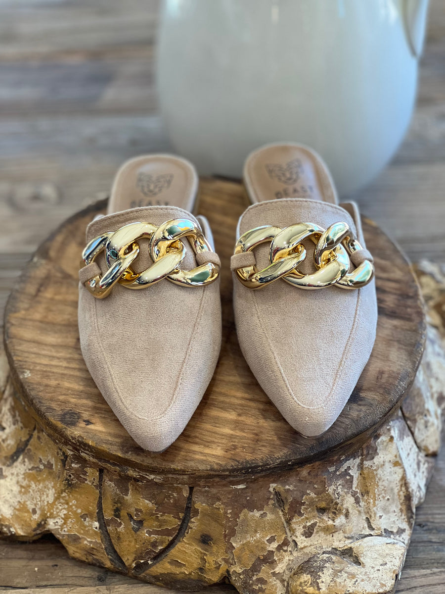 Gem Pointed Toe Loafer Mule with Gold Chain Link Shoes